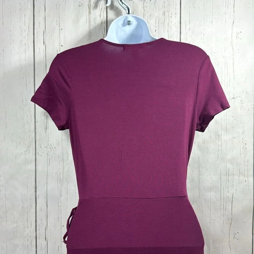 Forever 21 Burgundy Wrap Midi Dress Size M Short Sleeve Boho Romantic Flowy - Picture 9 of 14